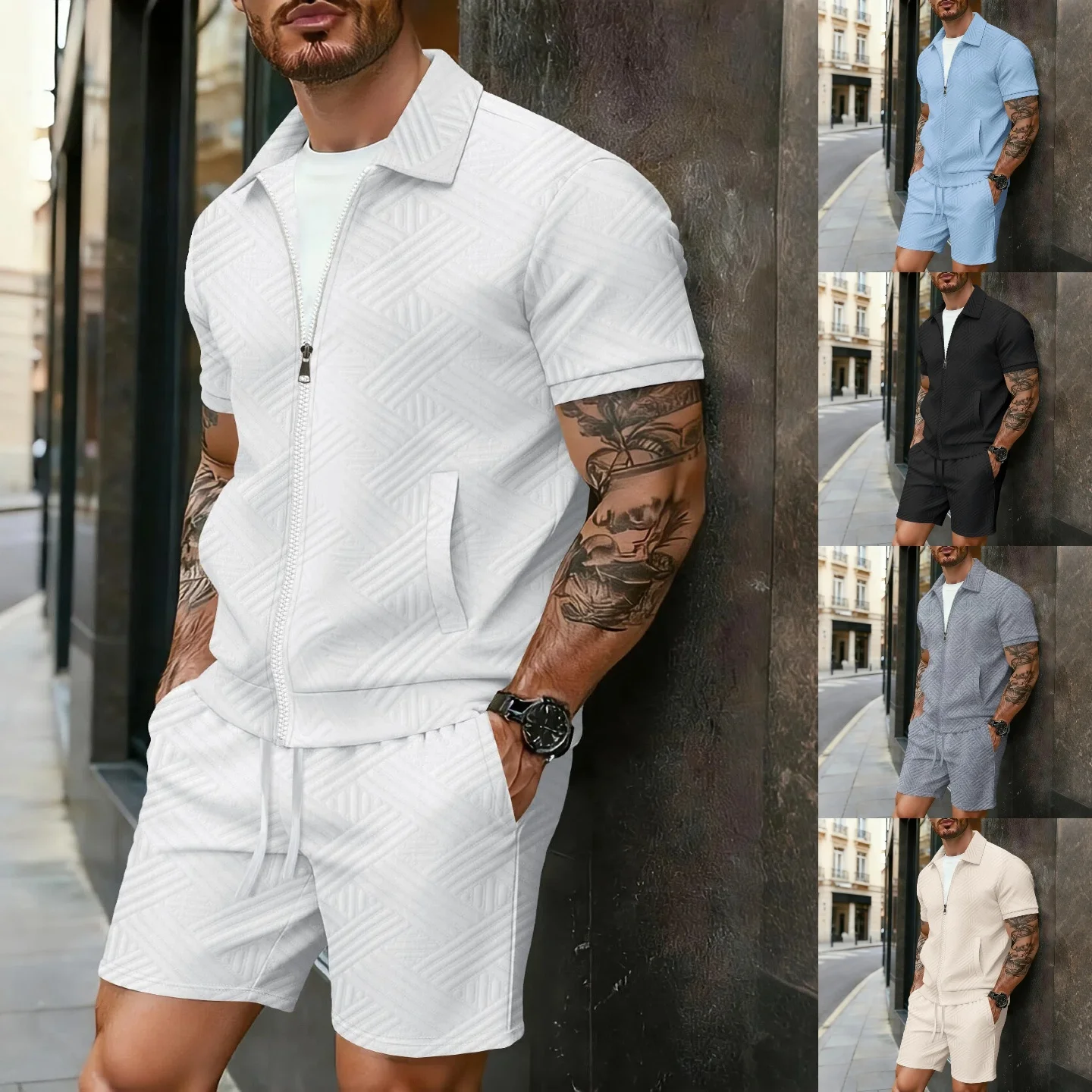Summer men's new jacquard solid-color casual loose-fitting comfortable breathable zipper short-sleeved and short-pants