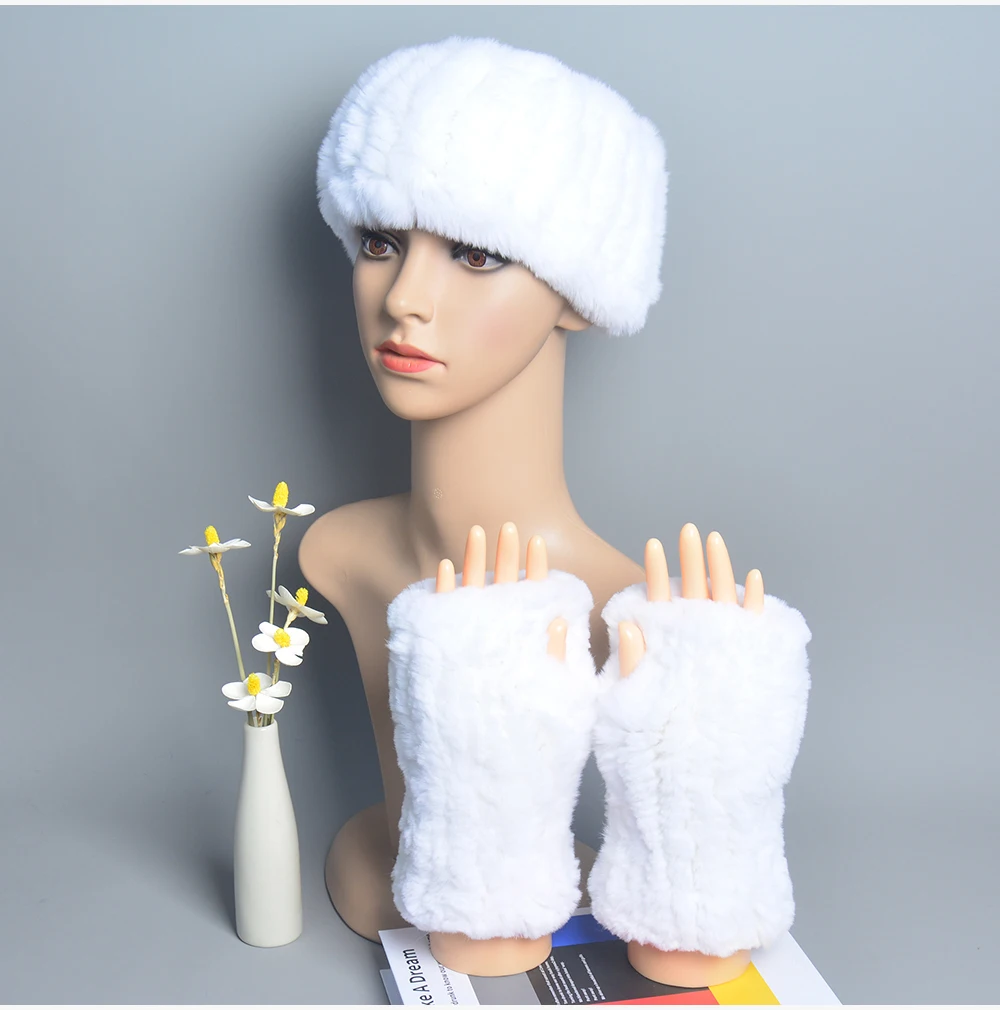 One Set Women Real Rex Rabbit Fur Cuff+Headband Winter Warmer Hat Arm Wrist Sleeve Gloves Female Real Fur Cap+Elastic Wristband