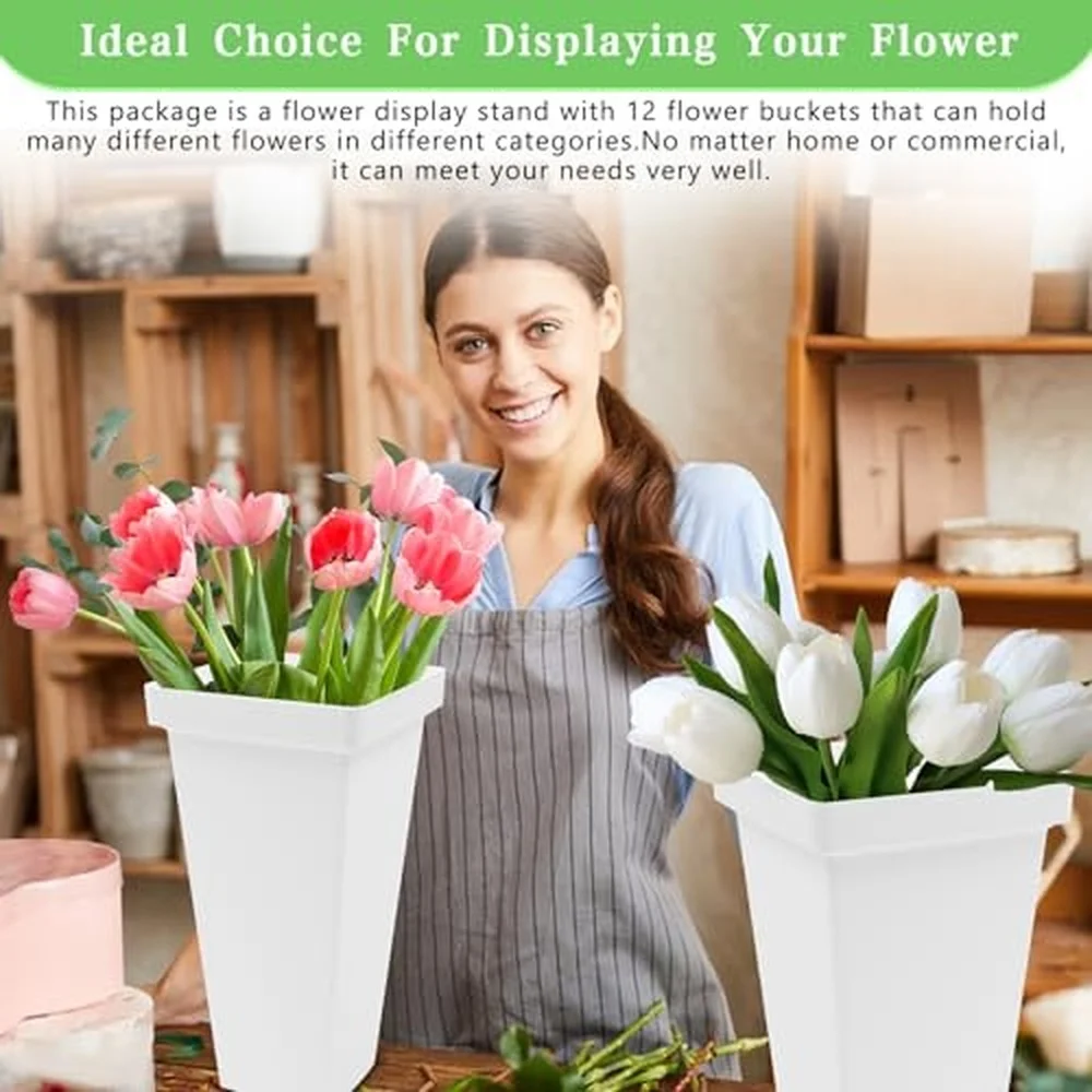 Flower Display Stand With 12PCS Buckets 3 Layers Plant Cart with Wheels Heavy Duty Moving Flower Rack for Indoor