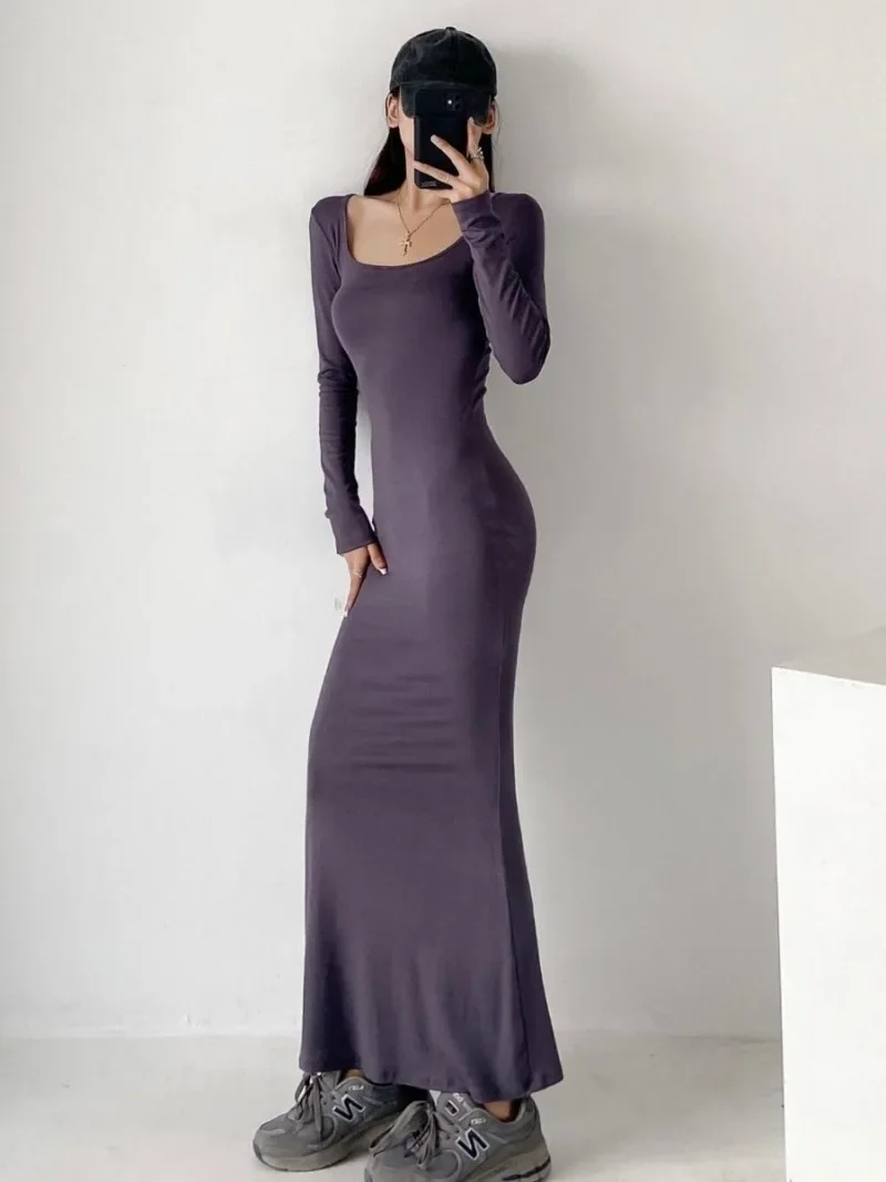 เซ็กซี่สแควร์คอ Fishtail ชุดแน่นรูปห่อสะโพกยาว Vestido ใหม่แฟชั่นเกาหลีเสื้อ Bodycon ชุดราตรี Y2k