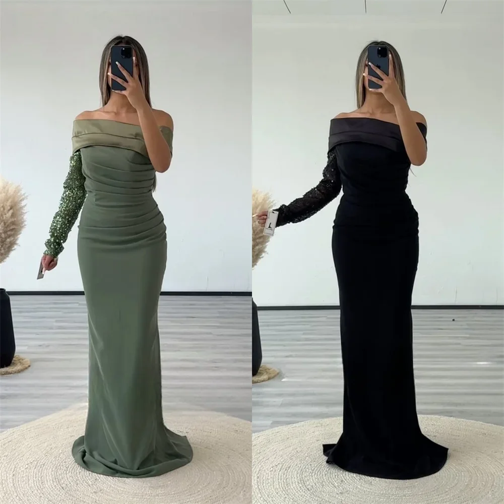 Customized Prom Dress Saudi Arabia Dearin Off-the-shoulder Column Floor Length Skirts Layered Shirred Beading Bespoke Occasion D