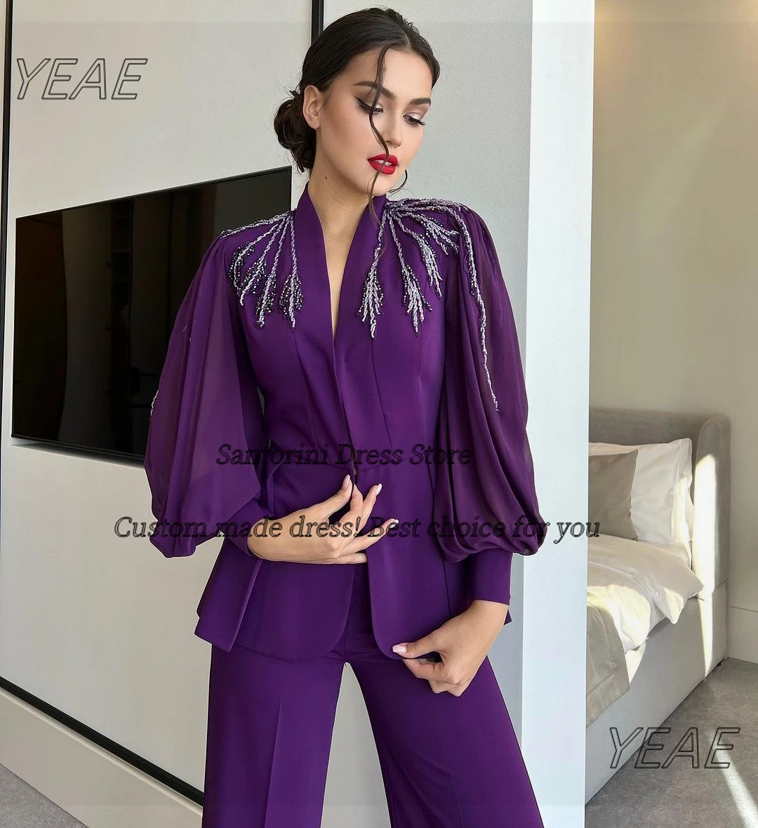 Santorini 2024 Two Pieces Women Wear Evening Party Dresses Beaded Long Sleeves Prom Dress Pant Suits Special Banquet Gowns