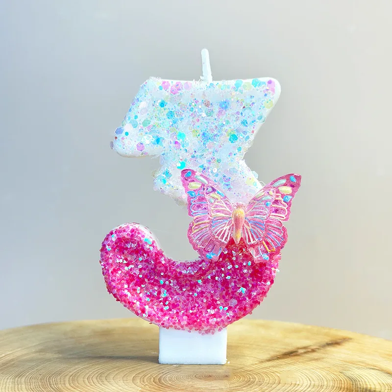 Transparent Butterfly Digital Candle 0-9, Pink And White Patchwork Sequin Birthday Candle,  Party Dessert Cake Atmosphere Plugin