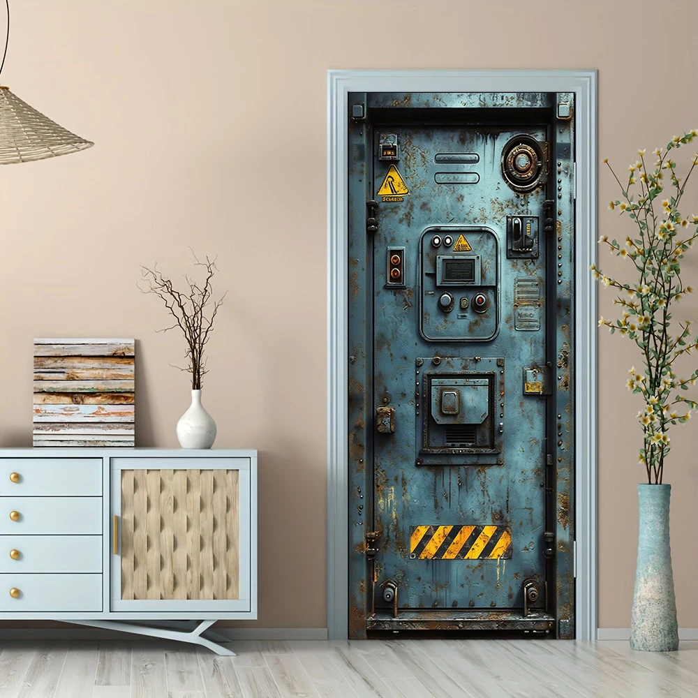 1pcs Self Adhesive Removable Vinyl Door Stickers Industrial Style Retro Metal Door Stickers Steampunk Mechanical Control Panel D