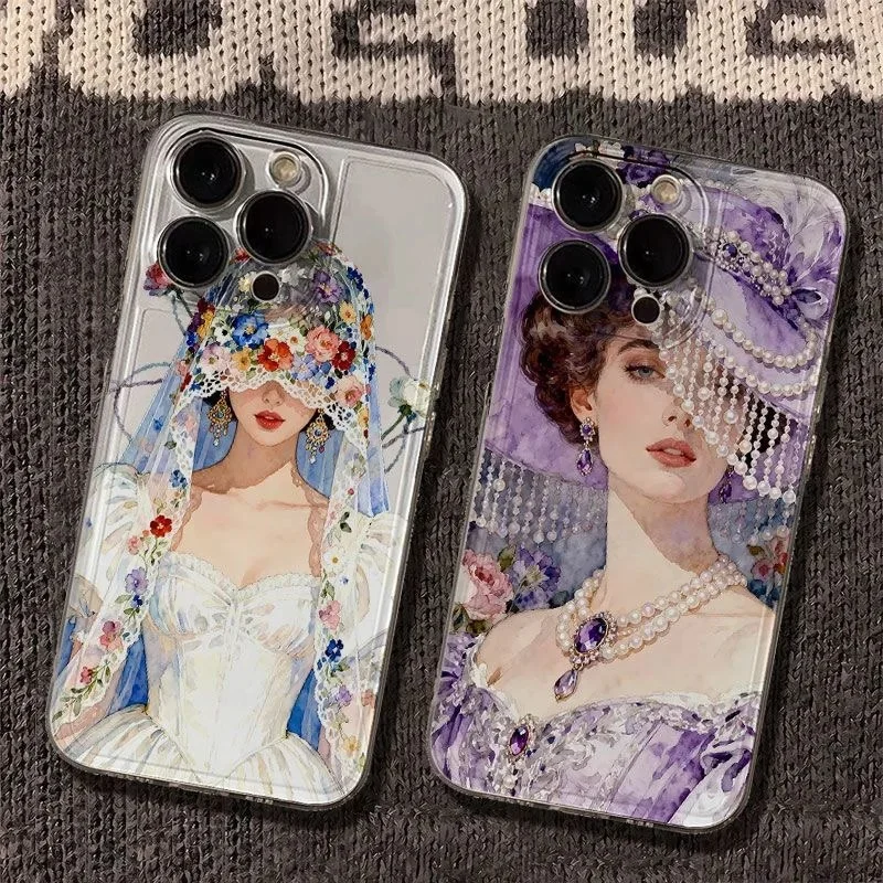 Luxuriöse Ölgemälde-Frauenfigur Transparente Weiche Hülle für iPhone 11 12 13 14 15 16 17 Pro Max Air 17ProMax Plus Hochzeitskleid Schmuck Schutzhülle ‌