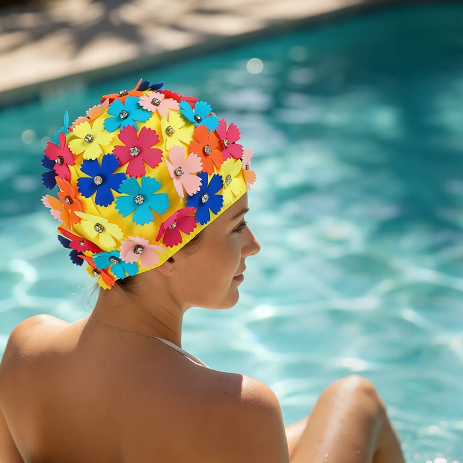 

1 шт. Женская нейлоновая шапочка для плавания с цветочным узором в форме лепестков, удобная многоразовая шапочка для купания для женщин, модная шапочка для плавания с цветами