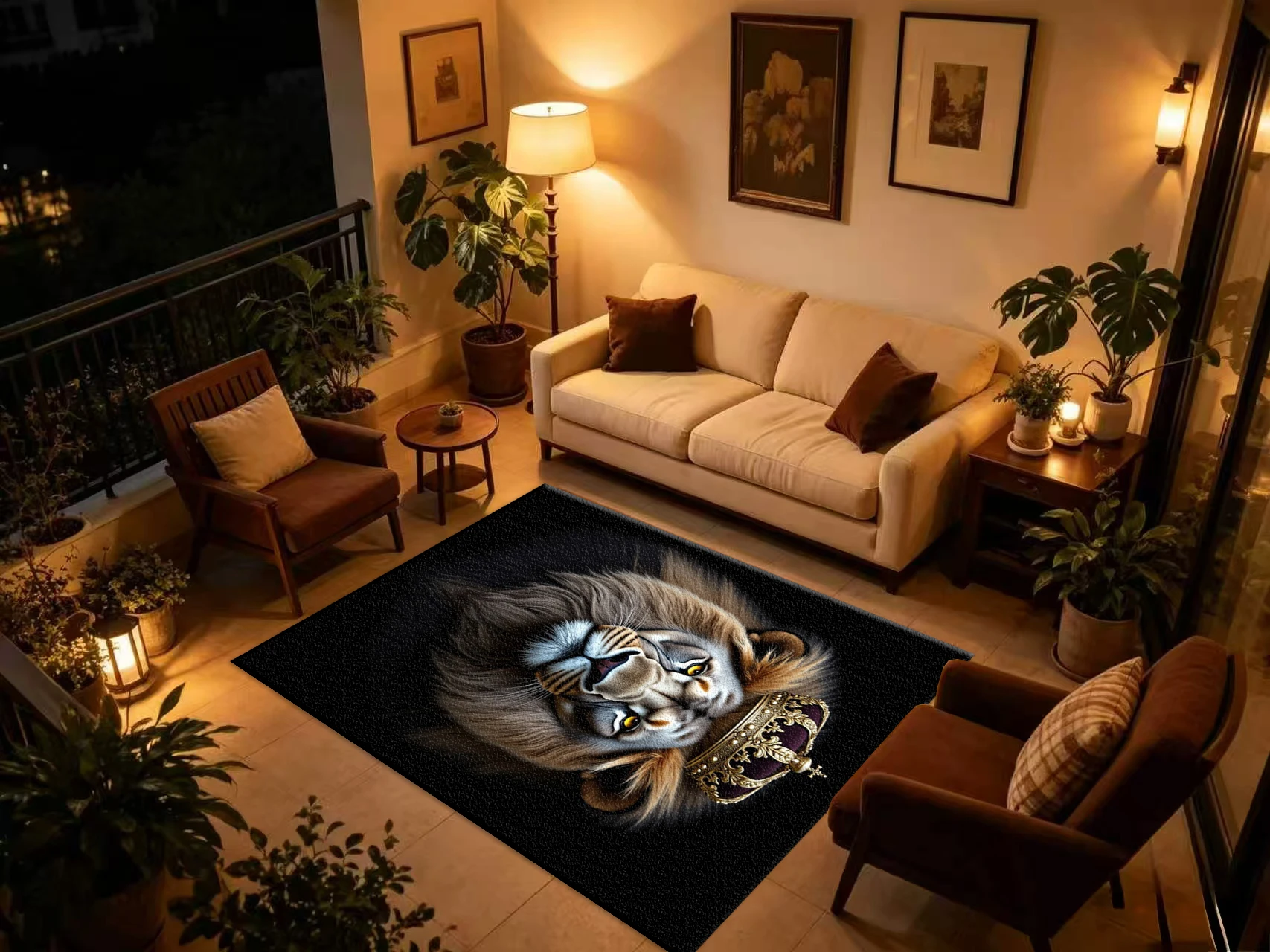 King Lion With Golden Crown Carpet Flooring, Noble Animal Non-Slip Area Rug for Living Room Bedroom Home Floor Decor
