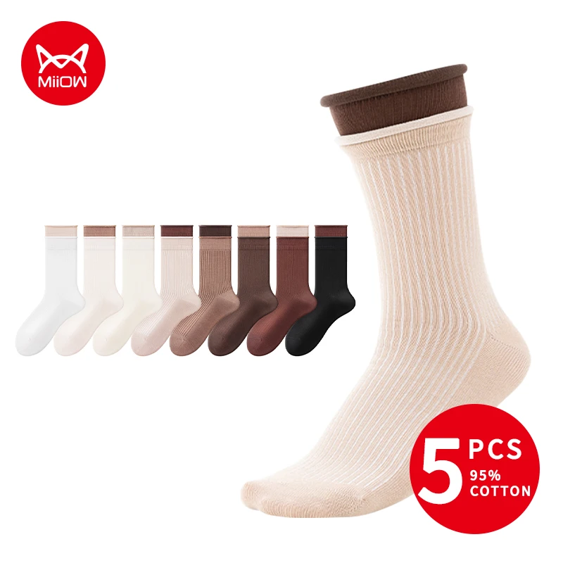 MiiOW 5 Pairs Women Contrast Color Striped Mid Tube Socks All-Season Breathable  Cotton Middle Tube Socks Casual Woman Stockings