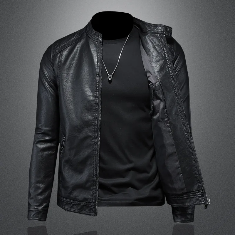 Motorcycle jacket men spring new stand-up collar trend slim-fitting simple PU jacket casual short coat  motorbike jacket 5XL
