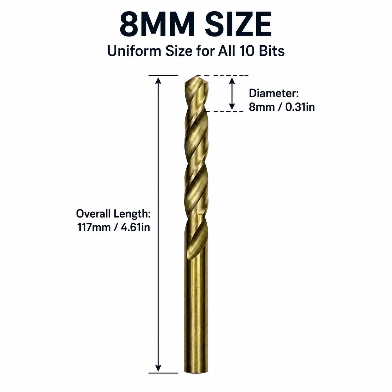10Pcs 8mm Titanium Coated  Twist Drill Bits, Sharp Straight Shank Drill Bits for Metal Wood Plastic with Portable Storage Case