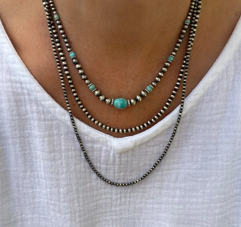 Vintage Bohemian Stacked Turquoise Handmade Necklaces for Popular Navajo Style Beaded Ethnic Collarbone Chain for Women