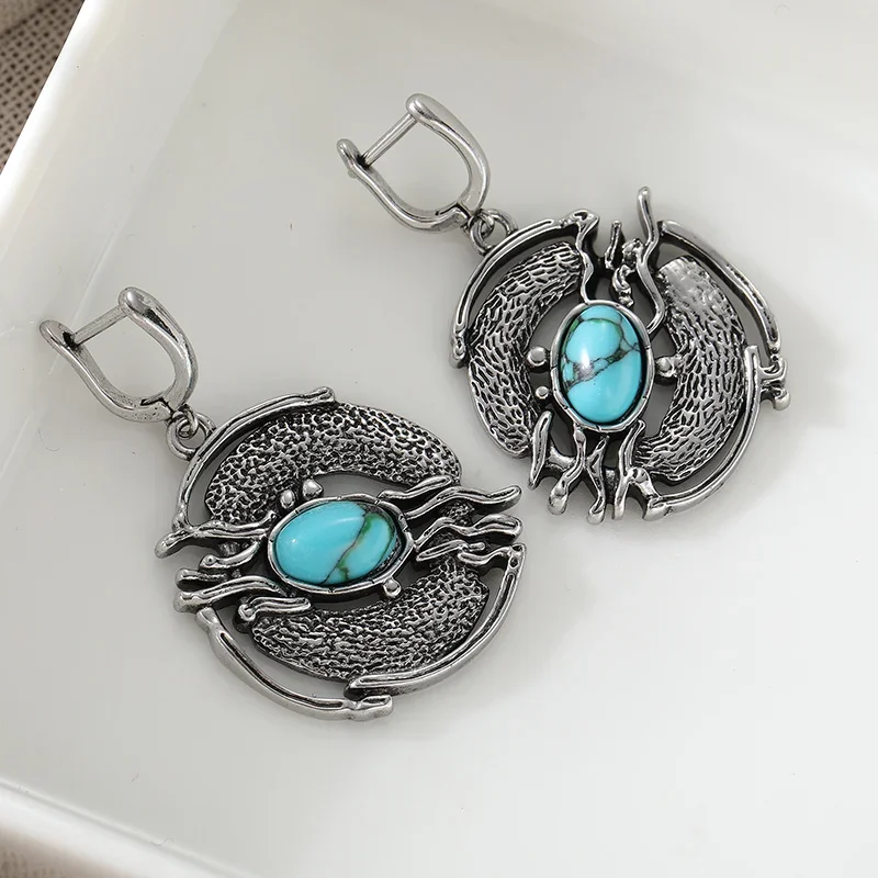 Bohemian Style Vintage Silver Color Women's Earrings Ethnic Pattern Carving Design Inlay Imitation Turquoise Pendant Earrings
