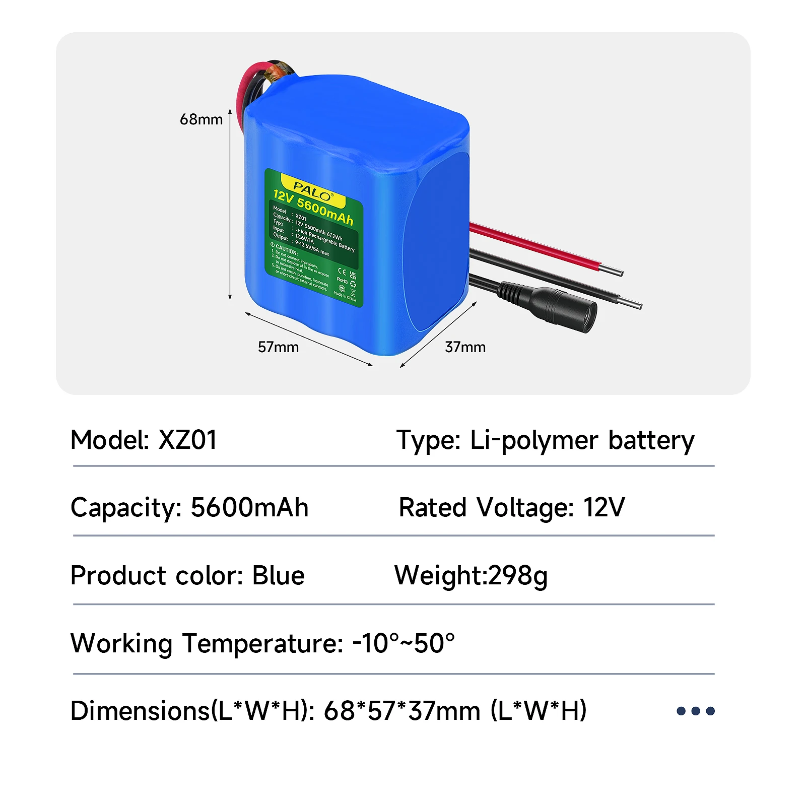 Batería recargable de iones de litio PALO de 12 V y 5600 mAh con cargador y cable de conexión para radio, cámaras, videocámaras, órganos electrónicos, lámparas de lectura, telescopios, sonares y herramientas de señaliz
