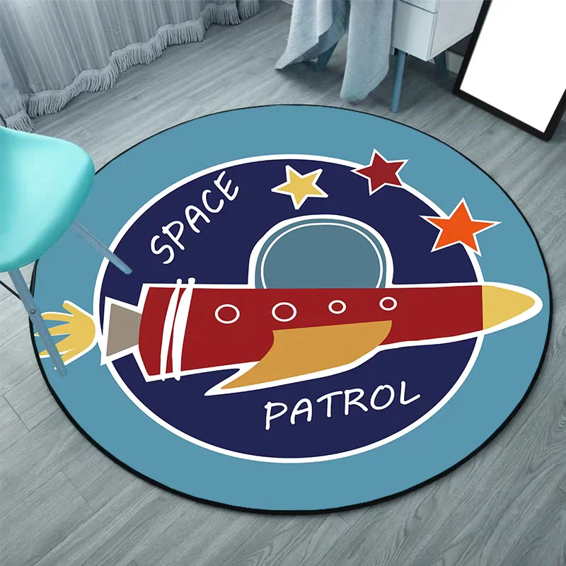 Felpudo para habitación de niños, alfombra redonda con cohete espacial de dibujos animados, alfombra para el suelo del jardín de infantes, manta para cabecera, silla de estudio de escritorio azul espacial