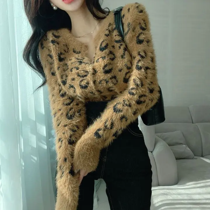 Women\'s Leopard Gothic Pullover Knitted Sweater Harajuku Korean 90s Y2k Long Sleeves Jumper Sweaters Vintage 2000s Clothes