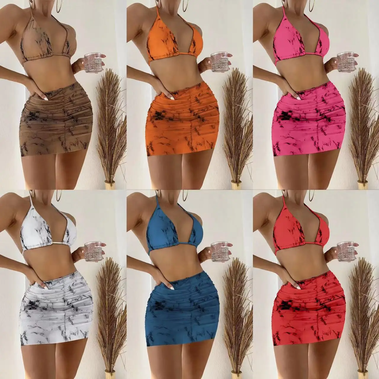

New Marble Printed Mesh Three-piece Short Skirt Swimsuit Bikini