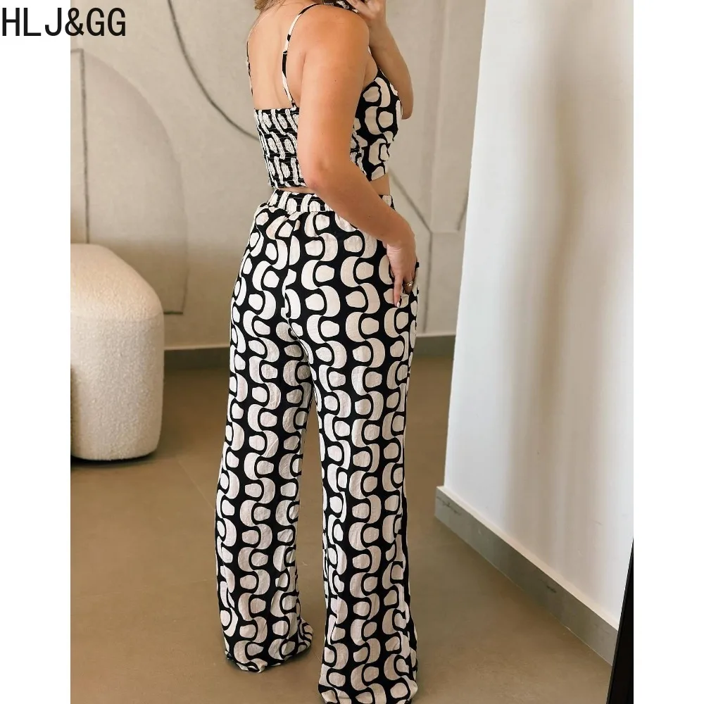 HLJ&GG Black Sexy Hollow Out Bandage Wide Leg Pants Two Piece Sets Women Thin Strap Sleeveless Crop Top And Pants Outfits 2024