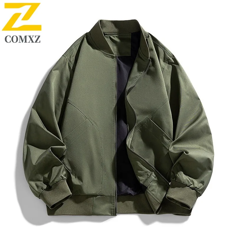 

COMXZ Men Casual Baseball Collar Jacket Autumn Bomber Workwear Military Style Lightweight Flight Coat Solid Color Streetwear2025