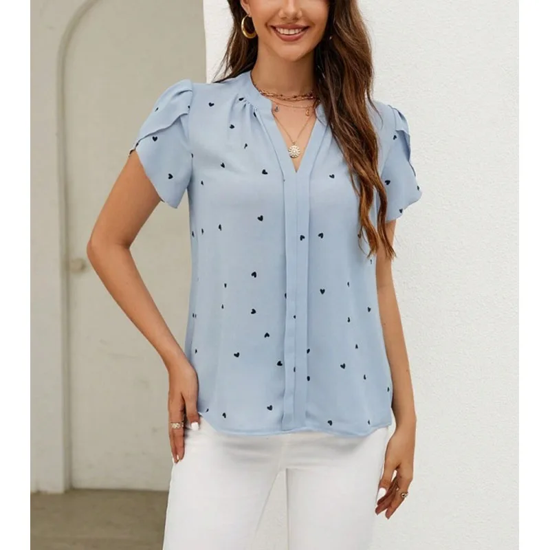 Summer New Elegant Simplicity Loose Casual Versatile Commuter Pullovers V-Neck Spliced Love Petal Sleeve Women\'s Shirt Tops