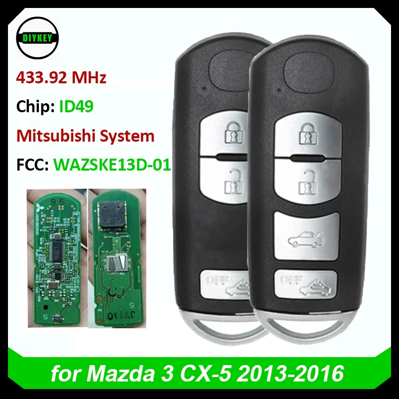 DIYKEY OEM Board Proximity Smart Key Remote Fob for Mazda 3 CX-5 2013-2016 (Mitsubishi System) 433.92MHz 49 Chip WAZSKE13D-01