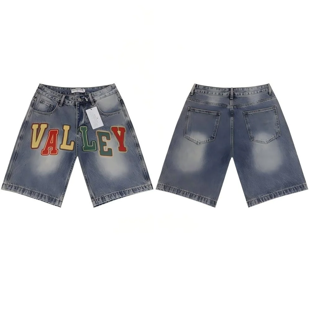 VALE FOREVER Vallery Embroidered Letter Rhinestone American High Street Trendy Casual Denim Washed Shorts