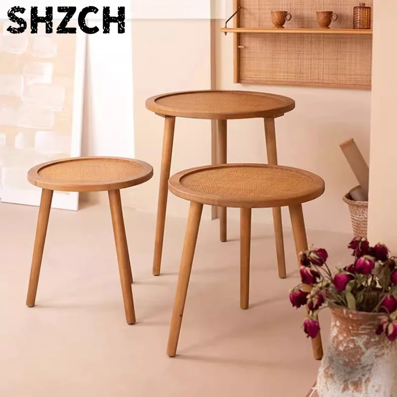 Boho Vintage Coffee Table Solid Wood Round Side Table with Rattan Top for Balcony Vacation Rentals & Boho Living Room Decor