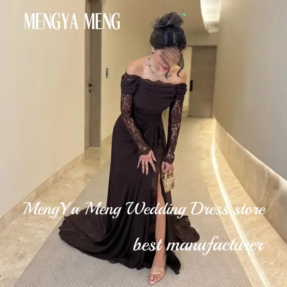 Customized Elegant Brown Lace Long Sleeve Evening Dress A Line Off Shoulder Prom Party Dress Saudi Women Dubai Formal Gowns