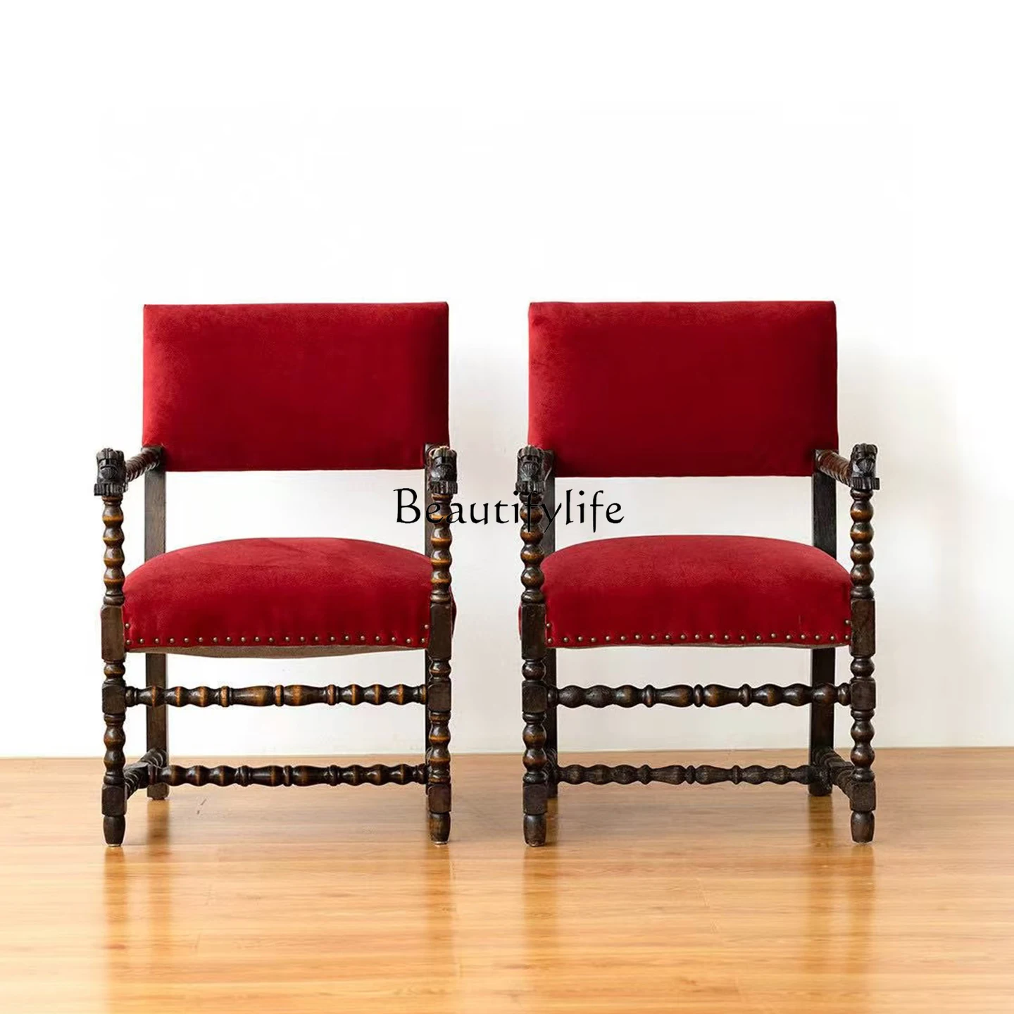 

French retro solid wood dining chair household all solid wood fabric casual back chair