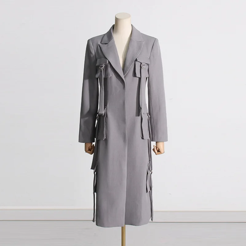 HKSH Women Elegant Long Blazer Multi-pocket Solid Color Slimming Fashion Office Lady High-end Ins Trench Coat New Spring HK19924