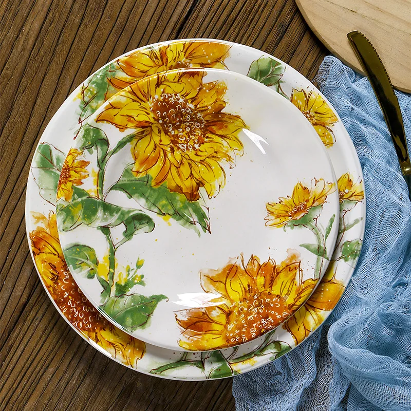 

Creative American Ceramic Dinner Plate, Sunflower Art Floral Flat Dish for Home, Beef Dinner Dessert Plate，Premium Tableware