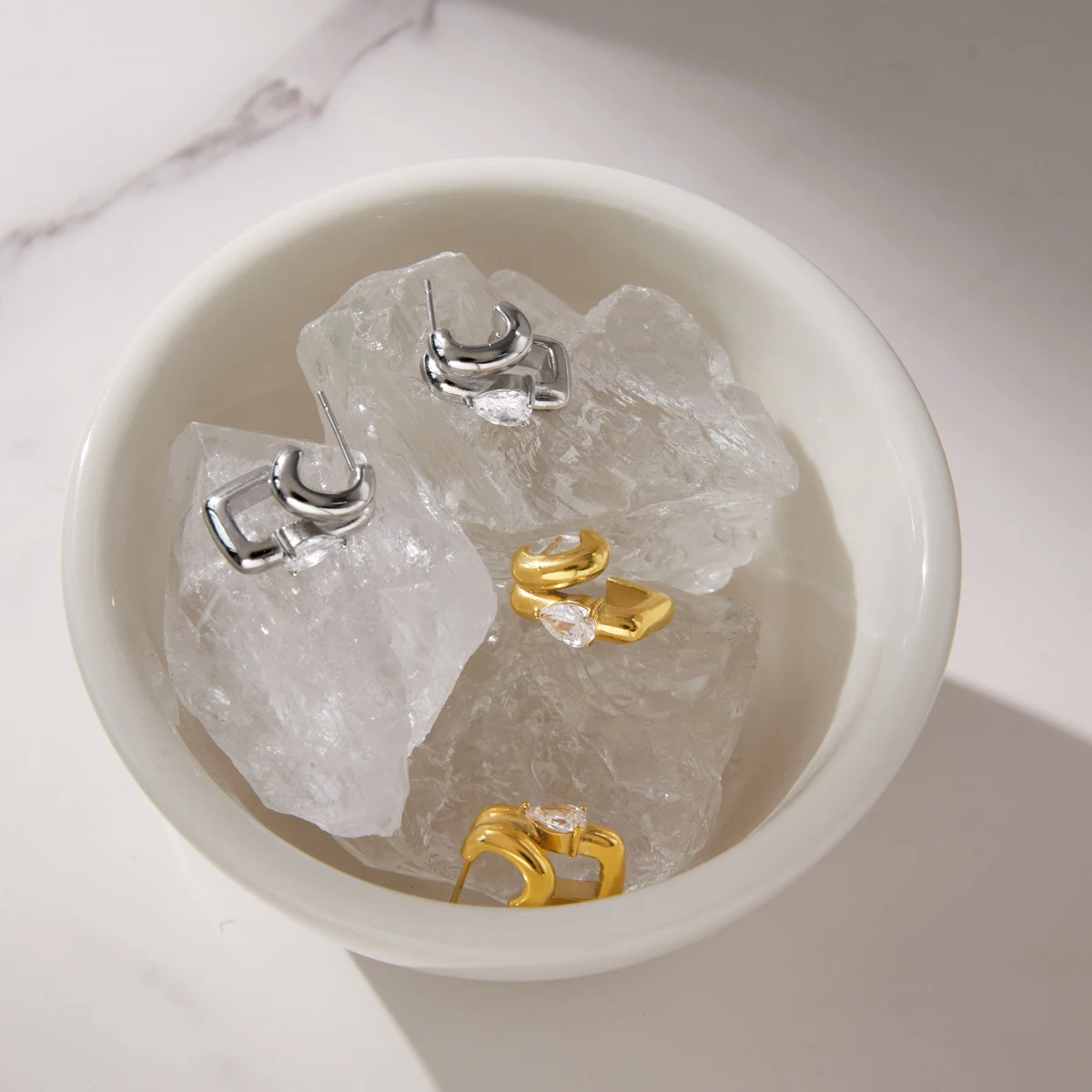 Yori Teardrop Shaped Cubic Zircon C-shaped Double Earrings Stainless Steel Summer Arrivals Young Exclusive Jewelry