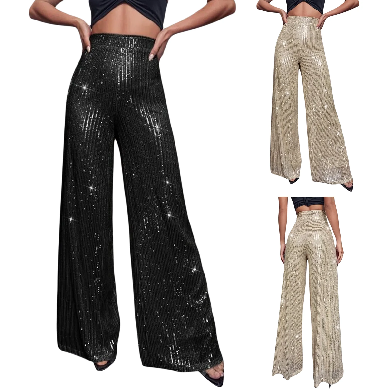 Image of Neue modische Damen-Hose mit weitem Bein, elegante, glänzende, paillettenbesetzte, lockere Hose mit hoher Taille für Club-Party