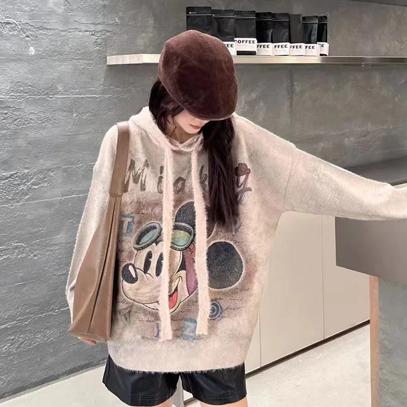 European Goods Cartoon Hooded Sweater Womens 2024 New Casual Pullover Loose Thickened Mink Fleece Knitted Top Autumn Winter