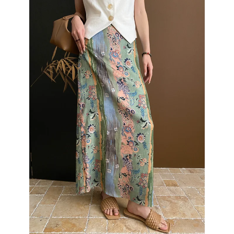 Vintage Holiday Oil Painting High Waist Straight Slit Skirt Women Fashion Simple Tribal Ethnic Basic French Simple Long Skirt