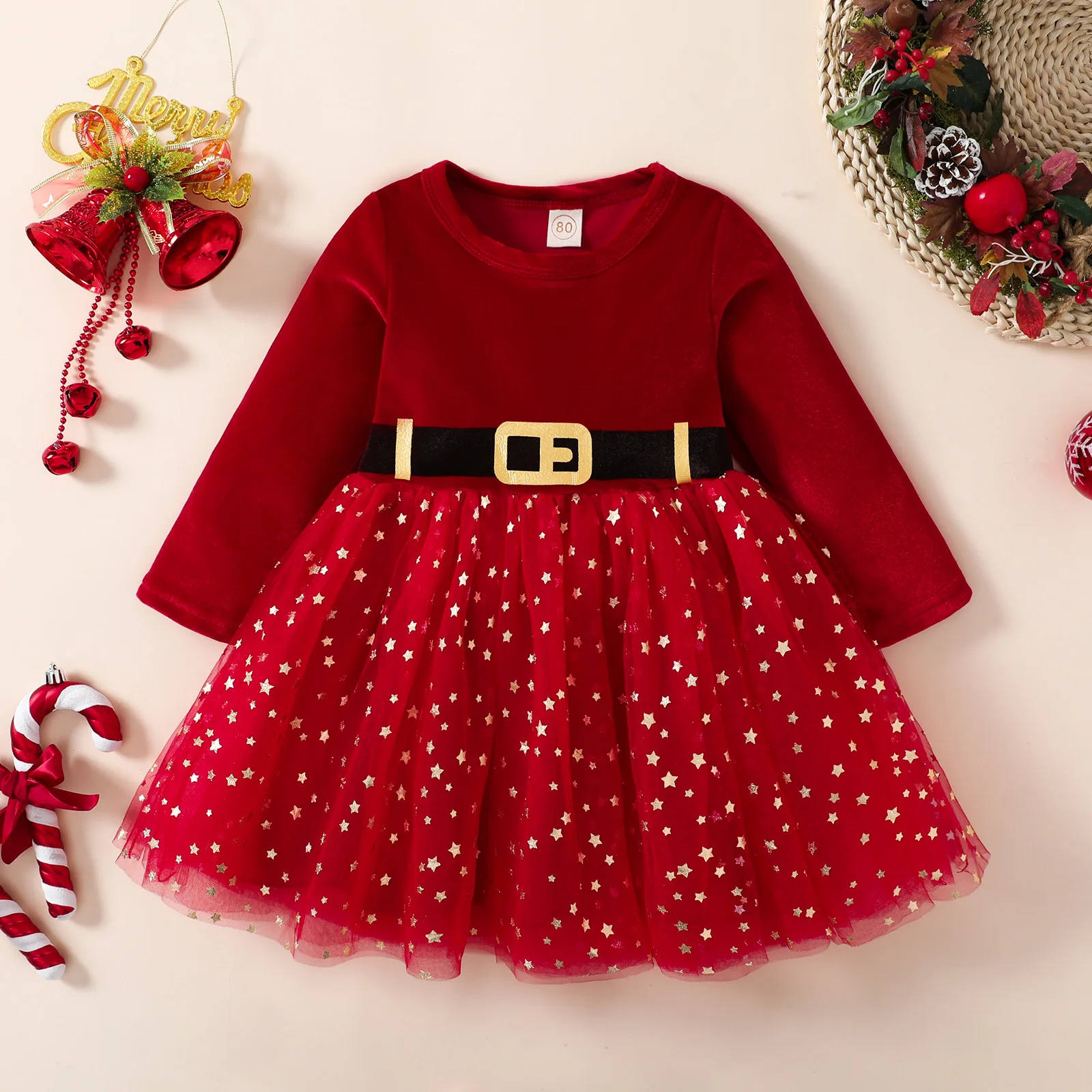 Autumn Children\'s Clothing Baby Girl Dresses Christmas Princess Party Cute Red Lace Mesh Fleece Long Sleeve Kids Dress BC119