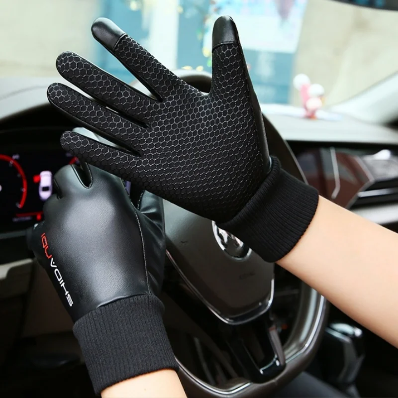 Motorbike Riding Cycling Gloves For Men PU Leather Fleece Lined Thermal Waterproof Touch Screen Full Finger Ski Warm Mittens view 5