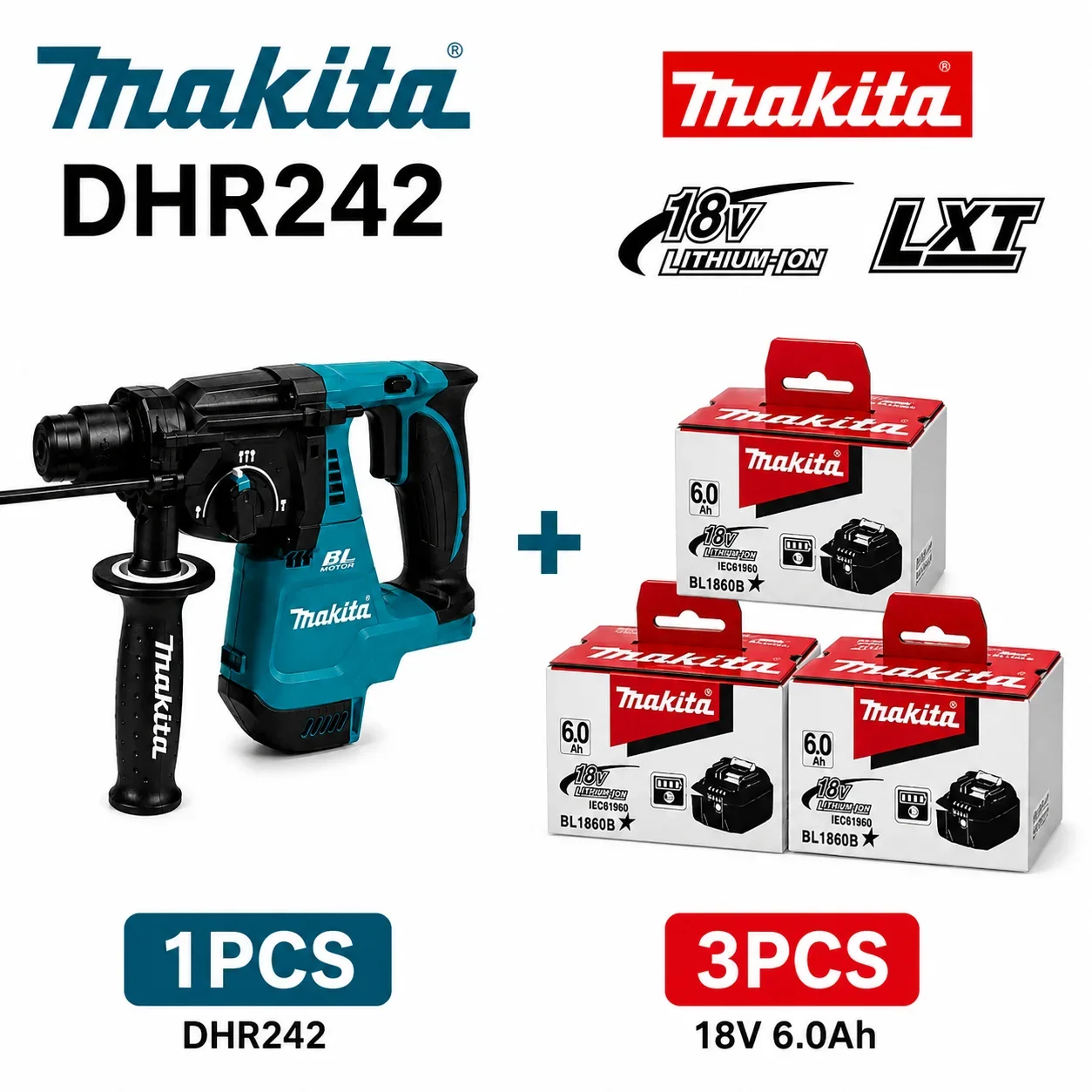 Original Makita DHR242 18V bürstenloser Bohrhammer mit Makita 6,0Ah Akku & Schnellladegerät, 24mm SDS-Plus, 3-Modi, 2,0J Schlagkraft, professionelles Betonwerkzeug, EU-Lager