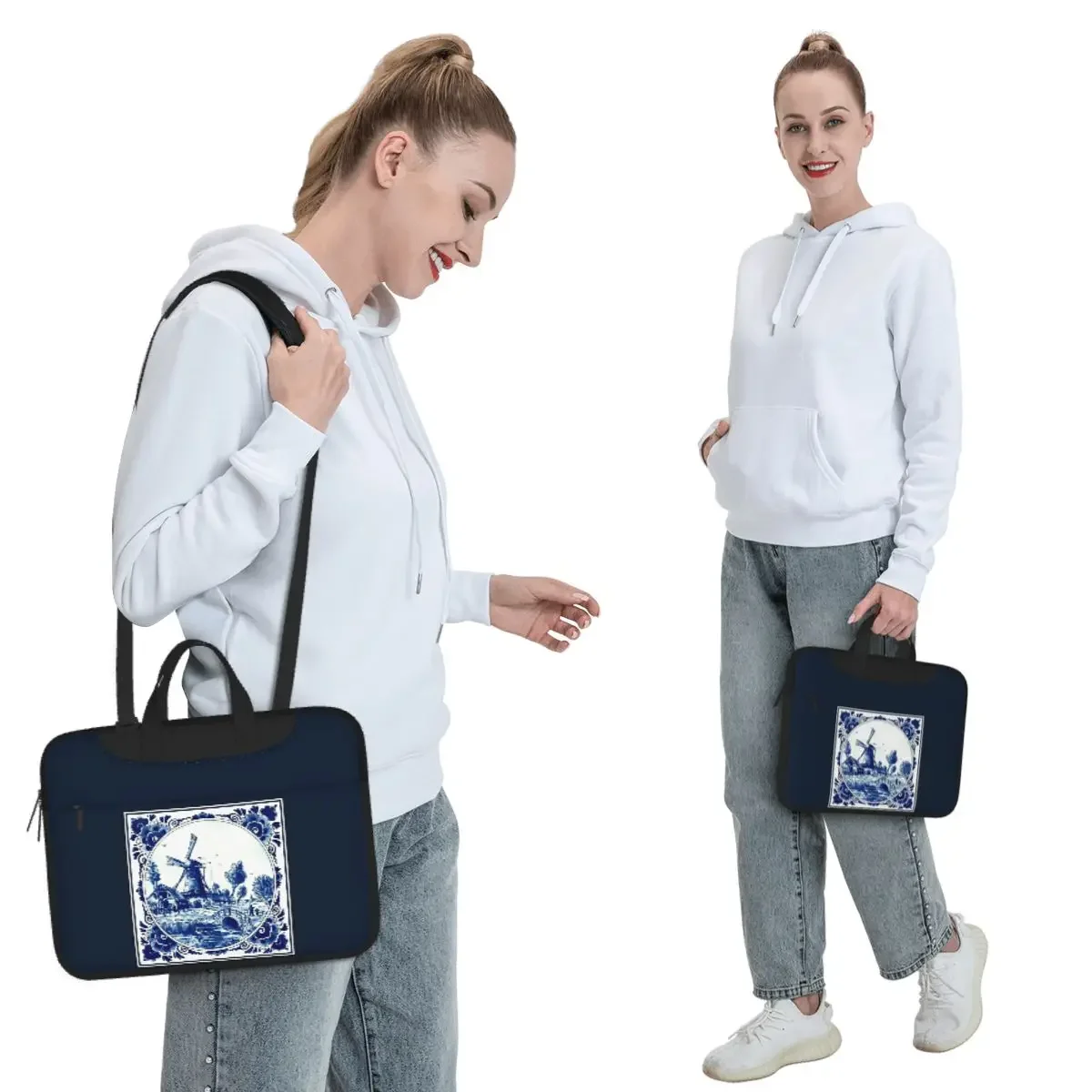 DUTCH BLUE DELFT Vintage Windmill And Bridge Print Crossbody Laptop Bag Case Computer Bag 13 14 15.6 Inch Notebook Pouch