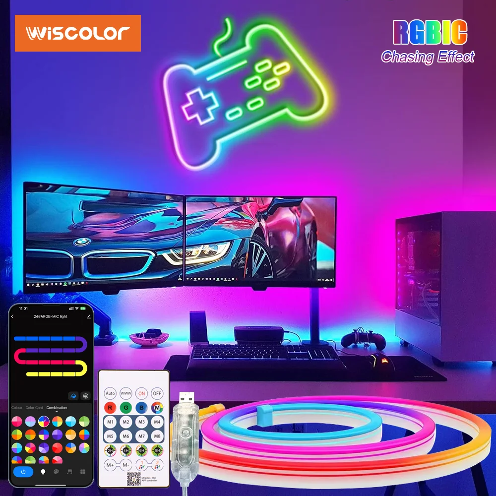 

Wiscolor 5V USB светодиодные неоновые ленты RGBIC 1 м, 2 м, 3 м, 5 м, гибкие, силиконовые, водонепроницаемые, с управлением через приложение и пультом дистанционного управления, для внутренней отделки комнат в доме
