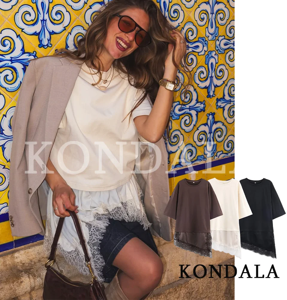 KONDALA Trendiges, asymmetrisches Kleid mit Spitzensaum, Damen-T-Shirts-Stil, Kleid, 2026, Frühlings- und Sommermode, vielseitiges Alltagskleid für den Pendelverkehr