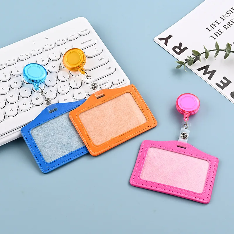 Chest ID Card Clip Set for Foctor Nurse Staff PU Leather Working Permit Case Badge Holder with Retractable Badge Reel Name Tag