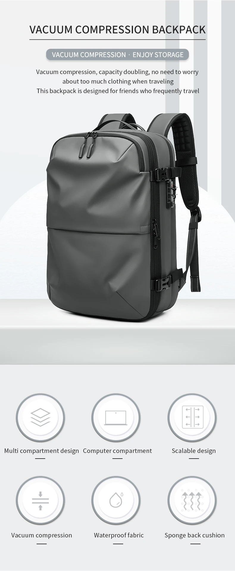 Sac à dos de voyage à compression sous vide pour hommes, sac à dos pour ordinateur portable 17 pouces, sac à dos scolaire de grande capacité, sac à dos de randonnée étendu
