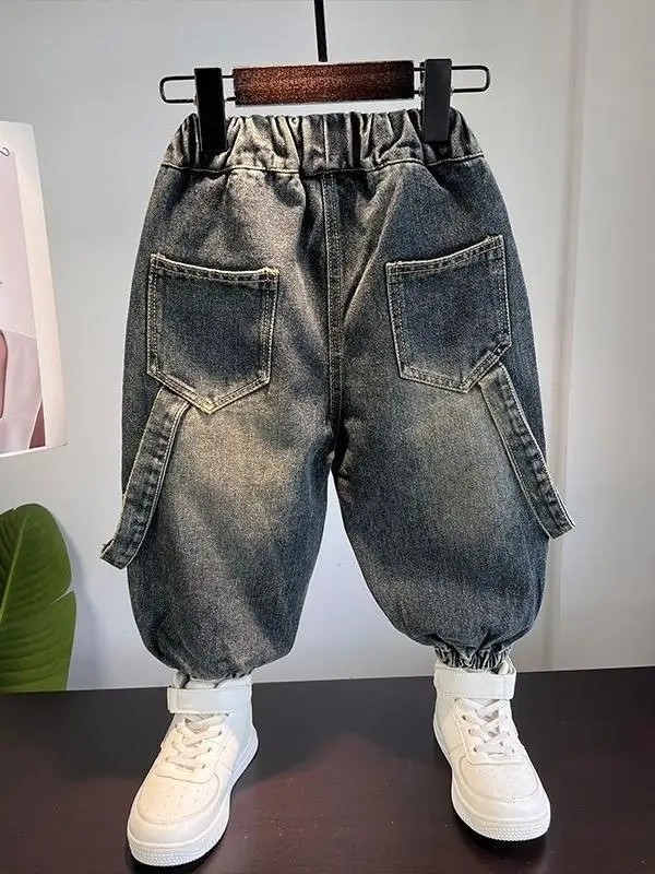 Calças Jeans Infantis Masculinas de Primavera/Outono: Moda Infantil, Calças Cridas Modernas para Meninos, Fibra de Poliést...