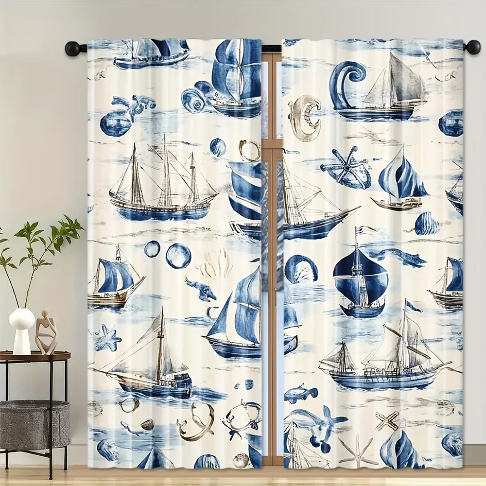 2pcs Nautical Blue Ocean Boat Pattern Curtains Window Drapes Coastal Maritime Style Beach Window Treatments for Home Decor