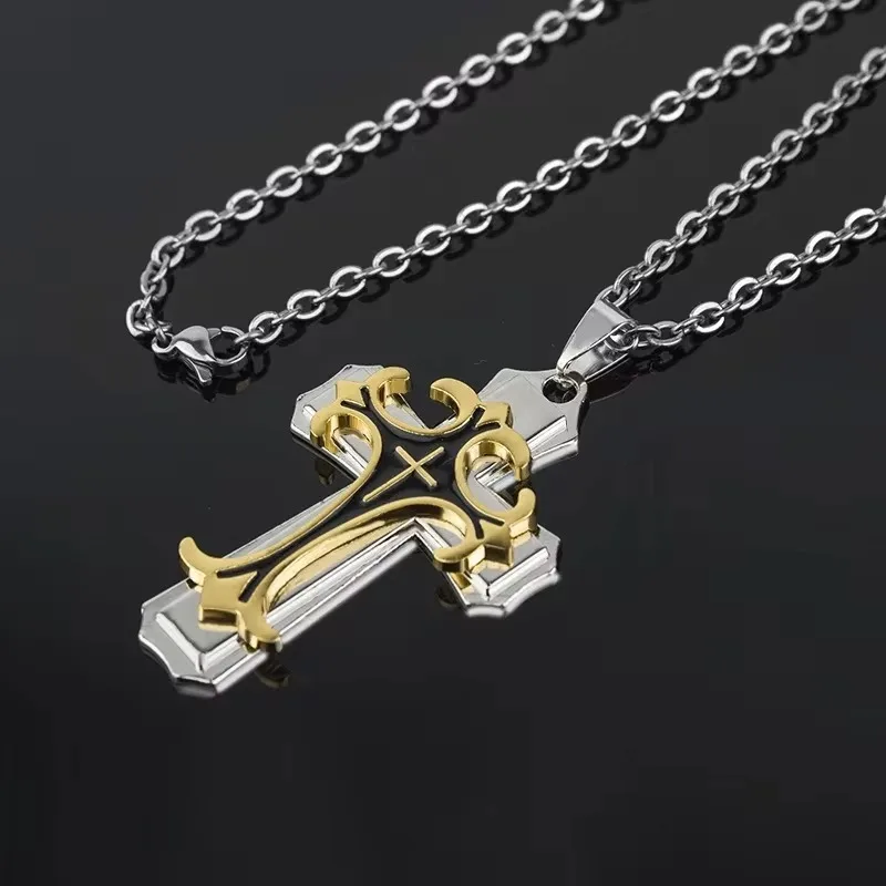 Retro Trendy Man Cross Necklace Men Golden Silver Side Zinc Alloy Cross-shape Pendant Necklace Vintage Jewelry Neck Decoration