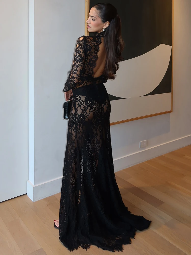 VC – robe longue découpée en dentelle noire, dos nu, fente haute, manches longues, col rond, célébrité, Slim, robes de soirée Cocktail