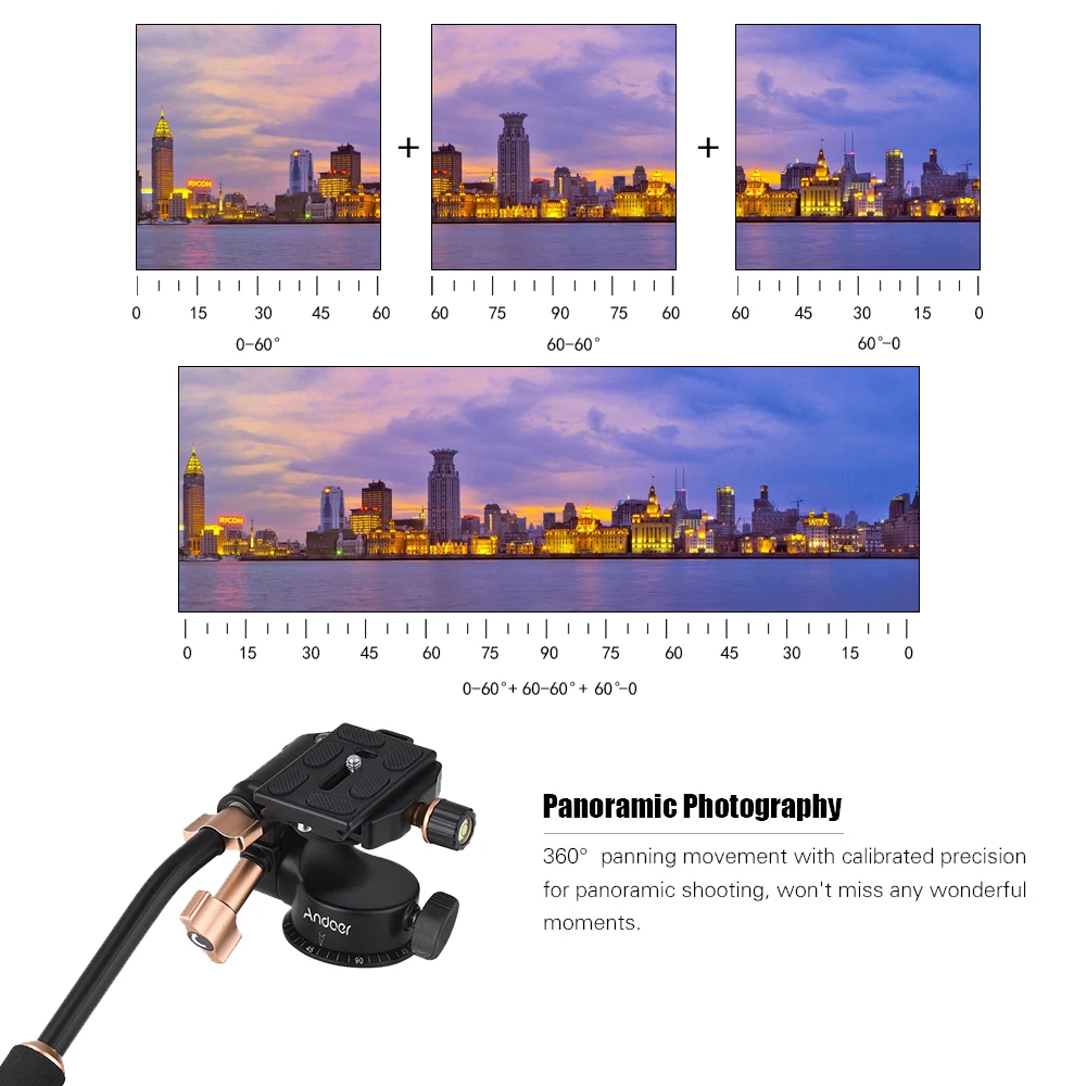 Andoer Q08S Aluminum Alloy 3-Way Damping Video Head Tripod Head w/ Pan Bar Handle 360° Panoramic Shooting 1/4\