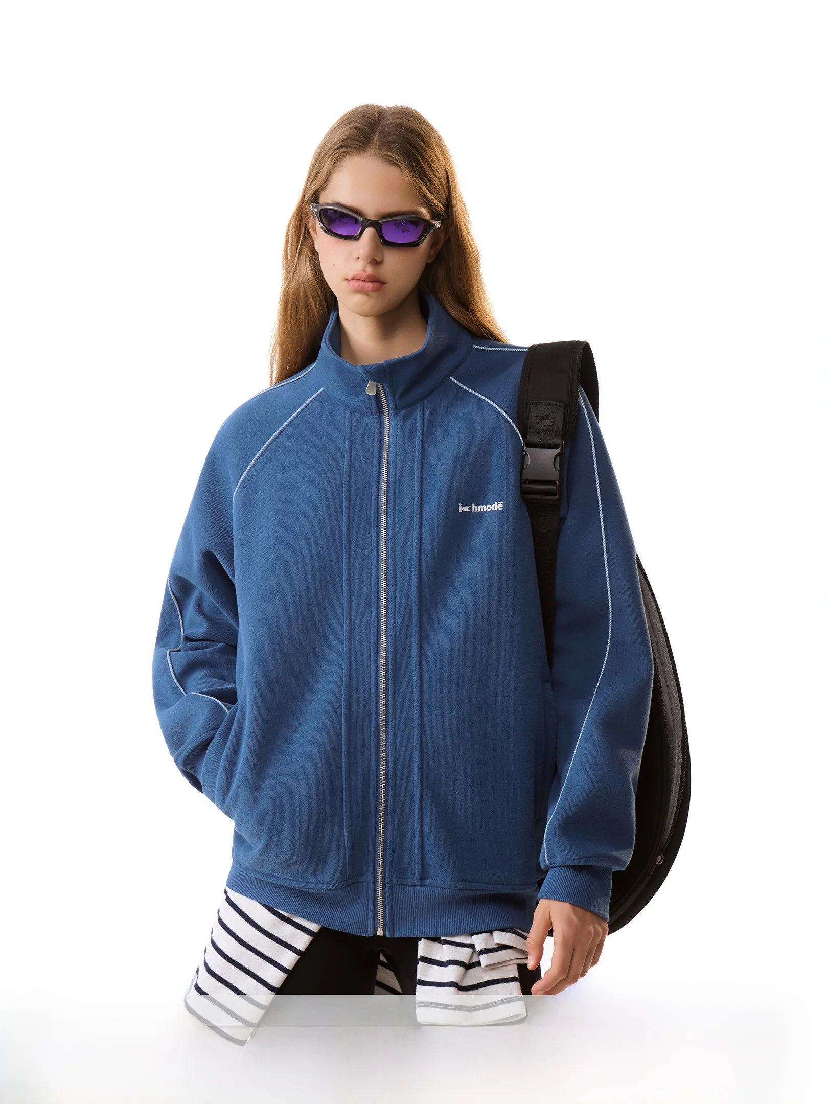 Sporty Color Block Insert Shoulder Short Sleeve Women's Cardigan Jacket Stand Collar Zipper Closure Cotton Polyester Blend