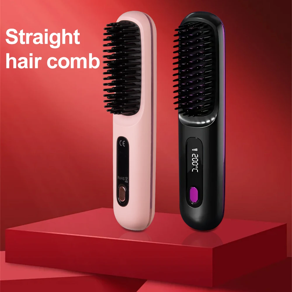 Hair Straightener Brush for Travel with Negative Ion Type-C Charging 2000mAh Battery Frizz-Free Shine Smooth hair