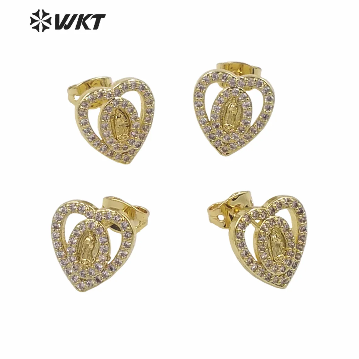 

WT-ME104 New Design Fashion 18K Real Gold Plated Micropave Cubic Zircon Heart Studs Religious Lady Virgin Mary Earrings